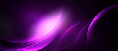Soyut mor dalgalar, parlayan ışık kaynağı. Düz kıvrımlar dinamik görsel efekt yaratır. Koyu arkaplan parlak elementleri vurgular.