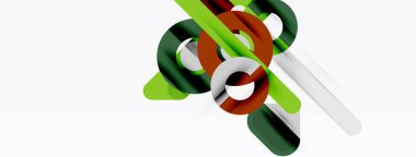 Soyut geometrik şekiller örtüşür, dinamik bileşim yaratır. Renkler arasında yeşil, kahverengi, beyaz, bej yer alıyor. Minimalist tasarım, modern estetik.