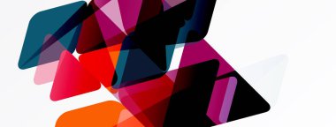 Soyut geometrik şekiller örtüşür, canlı renk karışımları yaratır. Kompozisyon kırmızı, mavi, mor, portakal, beyaz boşluk içerir.