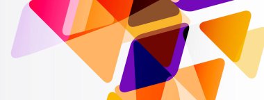 Soyut şekiller örtüşür, canlı renk karışımları yaratır. Pembe, mor, turuncu renkler beyaz arkaplana hakim. Modern tasarım ögesi.