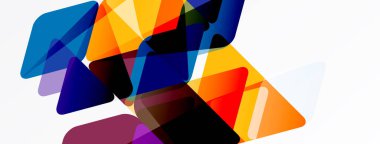 Soyut geometrik şekiller örtüşür, canlı renk karışımları yaratır. Kompozisyon üçgenler, şeffaflık, modern tasarım elementleri içerir.