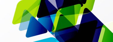 Soyut geometrik şekiller örtüşür, dinamik bileşim yaratır. Renkler yeşiller, maviler, siyah, beyaz. Modern tasarım ögesi.