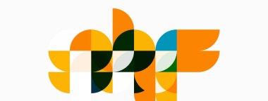 Soyut geometrik şekiller örtüşür ve canlı bir bileşim yaratır. Sarılar, portakallar, yeşiller nötr arka plana hakim. Modern tasarım.