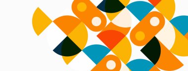 Soyut geometrik şekiller çakışıyor. Turuncu, deniz mavisi, krem rengi kompozisyona hakim. Modern tasarım, basit biçimler görsel ilgi yaratır.