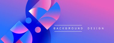 Soyut geometrik şekiller canlı mor, mavi renkleri harmanlarlar. Modern tasarım dinamik enerji, akışkan hareket öneriyor. Arkaplanda metin ögeleri.