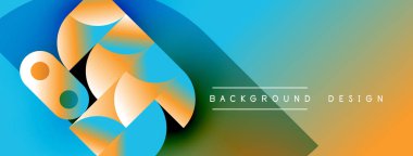 Soyut geometrik şekiller canlı turuncu ve mavi renkleri harmanlarlar. Modern tasarım dinamik akışı, değişim eğilimlerini öneriyor. Arkaplanda metin ögeleri.