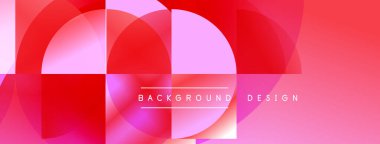 Soyut geometrik tasarım. Üst üste binen daireler, kareler parlak pembe, kırmızı gradyanlar oluşturur. Dijital projeler için modern arkaplan dokusu.