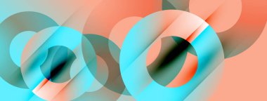 Üst üste binen daireler, gradyanlar, yumuşak renkler içeren soyut kompozisyon. Şeftali, turkuaz, gri tonlar dinamik görsel efekt yaratır.