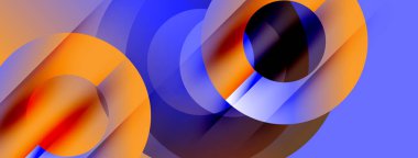 Üst üste binen daireler, canlı turuncu, mavi renkler içeren soyut bir kompozisyon. Modern tasarım, dinamik şekiller görsel ilgi yaratıyor.