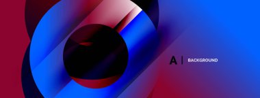 Soyut tasarım, üst üste binen daireler, canlı mavi, mor renkler. Modern estetik, dinamik bileşim, karanlık merkez derinlik yaratır..