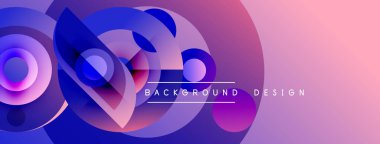Soyut dinamik kompozisyon. Üst üste binen daireler akış eğimlerini yaratır, mor renkler dizaynın hakimidir. Modern estetik, canlı renkler.