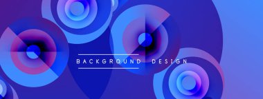 Soyut tasarım canlı mavi, mor daireler içerir. Modern estetik, arka planlar için uygun, dijital sanat projeleri. Yumuşak eğimler derinlik yaratır.