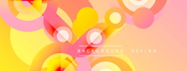 Soyut renkli şekiller örtüşür ve canlı bir zemin oluşturur. Sıcaklık tonları hakim, gradyanlar, daireler, kıvrımlar mevcut. Modern tasarım ögesi.