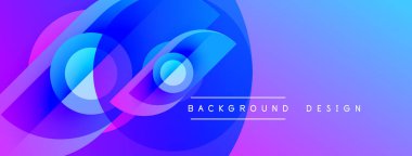 Soyut gradyan şekiller örtüşüyor ve canlı bir görsel etki yaratıyor. Mavi, mor renkler tasarıma egemen, modern estetik.