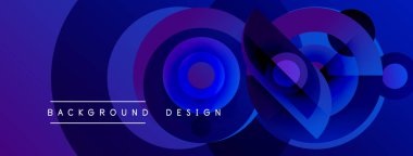 Soyut mavi eğimler dairesel şekiller oluşturur. Metin, merkez elementlerin altında arkaplan tasarımı okuyor. Modern, canlı kompozisyon.