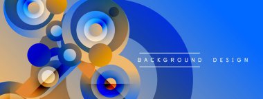Abstract circles overlap, creating dynamic blue, orange gradients. Modern design elements suggest movement, depth. Background features text.