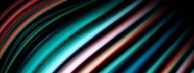 Soyut çizgiler eğrisi, canlı renk spektrumu oluşturur. Karanlık arka plan parlak, dalgalı şekilleri vurgular. Modern tasarım, dinamik enerji.