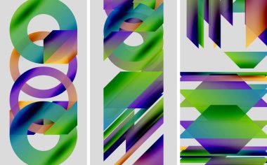 Soyut geometrik şekiller, canlı renkler, modern tasarım. Gradyan renkler harmanlanarak, dinamik görsel etki yaratır. Bileşik özellikler katmanlı biçimler.
