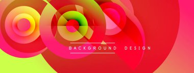 Soyut, canlı daireler üst üste binerek dinamik kırmızı, sarı ve yeşil bileşim oluşturuyor. Metin arka plan tasarımı okur. Modern görsel element.