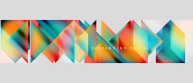 Soyut geometrik şekiller, canlı renkler, modern tasarım. Arkaplanda üçgenler, gradyanlar, metin elemanları var. Minimalist estetik.