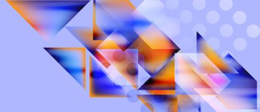 Soyut geometrik şekiller örtüşür, canlı renk karışımları yaratır. Yumuşak çemberler lavanta arkaplanına ince doku ekler.