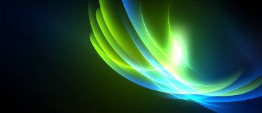 Soyut parlak kıvrımlar, canlı yeşiller, maviler merkezi parlak noktadan yayılıyor. Koyu arkaplan, akan enerjiyi, ışık izlerini vurgular.