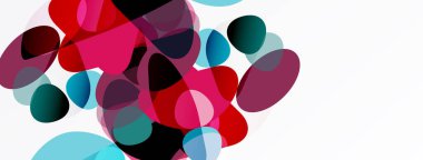 Soyut renkli şekiller örtüşür, dinamik bileşim yaratır. Kırmızılar, maviler, pembeler beyaz arkaplana hükmediyor. Modern tasarım ögesi.