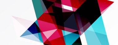 Soyut geometrik şekiller örtüşür, canlı renk zıtlıkları yaratır. Kompozisyonda kırmızılar, maviler, siyahlar, beyazlar yer alıyor. Modern tasarım ögesi.