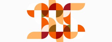 Soyut geometrik tasarım. Çemberler, yarım daireler harf formu oluşturur. Sıcak renk paleti kompozisyona hükmediyor. Minimalist stil.