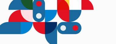 Soyut geometrik şekiller çakışıyor ve eğlenceli bir kompozisyon oluşturuyor. Renkler kırmızı, mavi, yeşil, gri, sarı. Minimalist tasarım.