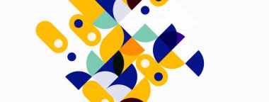 Soyut geometrik şekiller, canlı renkler, modern tasarım. Kompozisyonda üst üste binen daireler, ovaller, dikdörtgenler var. Temiz estetik, minimalist stil.