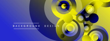 Abstract background features vibrant blue, yellow circles. Overlapping shapes create dynamic visual effect. Modern design elements present.
