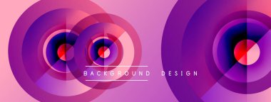 Soyut tasarım eşmerkezli daireler, canlı mor renkler, dinamik eğimler içerir. Metin elementler arasında ortalanmış arkaplan tasarımı okur.