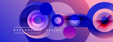 Soyut renkli çemberler çakışıyor. Gradyan gölgeler modern görsel efektler yaratır. Arkaplan tasarımı canlı mor, mavi renkler içerir.