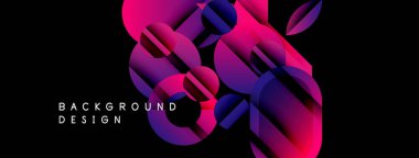 Soyut geometrik şekiller, canlı gradyanlar. Pembe, mor, mavi renkler siyah arkaplana hakim. Modern tasarım ögesi.