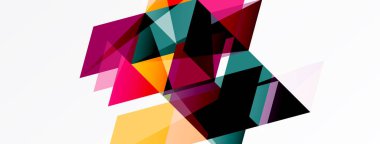 Soyut geometrik şekiller örtüşür, canlı renk blokları oluşturur. Pembe, sarı, deniz mavisi beyaz arka plana hakim. Modern tasarım.