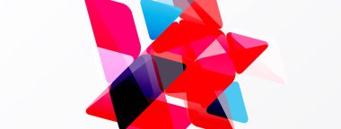 Canlı geometrik şekiller içeren soyut bir kompozisyon. Kırmızı baskın, pembe, mavi, mor renklerin zıttı. Minimalist tarz, temiz arkaplan.