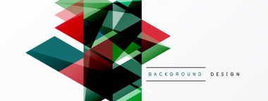 Soyut geometrik şekiller örtüşür, dinamik görsel doku oluşturur. Kırmızı, yeşil, deniz mavisi renkleri beyaz alana hakim. Modern tasarım ögesi.