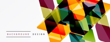 Soyut geometrik şekiller örtüşür, canlı renkli tasarım yaratır. Beyaz alan temiz karşıtlık ve modern estetik sağlar.