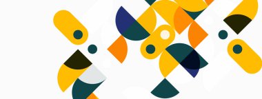 Soyut geometrik şekiller çakışıyor. Sarı, turuncu, turuncu renkler beyaz arkaplana hakim. Modern tasarım, basit kompozisyon.