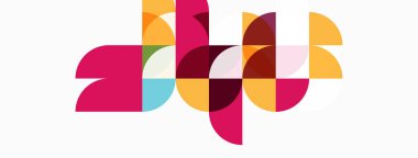 Soyut geometrik şekiller örtüşür, canlı renkli kompozisyon oluşturur. Çemberler, kareler, dikdörtgenler dinamik desen oluşturur.