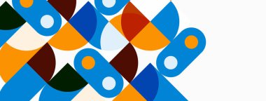 Soyut geometrik şekiller çakışıyor, renkli desenler yaratıyor. Çemberler, yarı daireler, dikdörtgenler dinamik bileşim oluşturur. Modern tasarım.