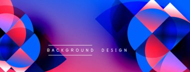 Abstract geometric shapes overlap, creating vibrant purple, blue, pink gradients. Modern design element for backgrounds, banners, presentations.