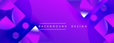 Soyut mor tasarım geometrik şekiller, gradyanlar, daireler, kareler içerir. Pankartlar ve sunumlar için modern arkaplan uygun.