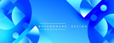 Soyut mavi tasarım geometrik şekiller, gradyanlar, daireler, üçgenler içerir. Arka planlar ve sunumlar için modern estetik.