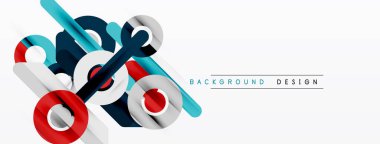 Soyut geometrik şekiller örtüşür, dinamik görsel kompozisyon yaratır. Mavi, kırmızı, gri elementler modern tasarım estetiğini sunar.