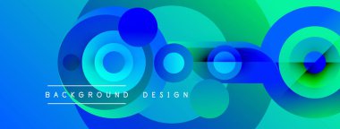 Soyut enerji çemberleri çakışıyor, dinamik mavi, yeşil gradyan oluşturuyor. Metin arka plan tasarımı okur. Modern görsel element.