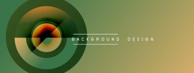 Soyut tasarım eşmerkezli daireler, gradyan renkler içerir. Yeşil, turuncu renkler kompozisyona hakim. Minimalist metin mevcut.
