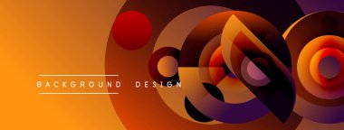Soyut geometrik şekiller turuncu ve mor renkleri harmanlarlar. Modern tasarım üst üste binen daireler, kıvrımlar, gradyanlar içerir. Arkaplan metni mevcut.