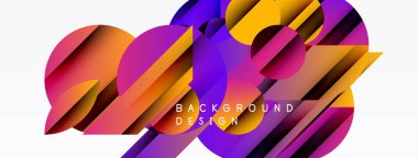 Abstract geometric shapes overlap, creating vibrant colorful background. Orange, purple, yellow hues dominate composition. Modern design element.